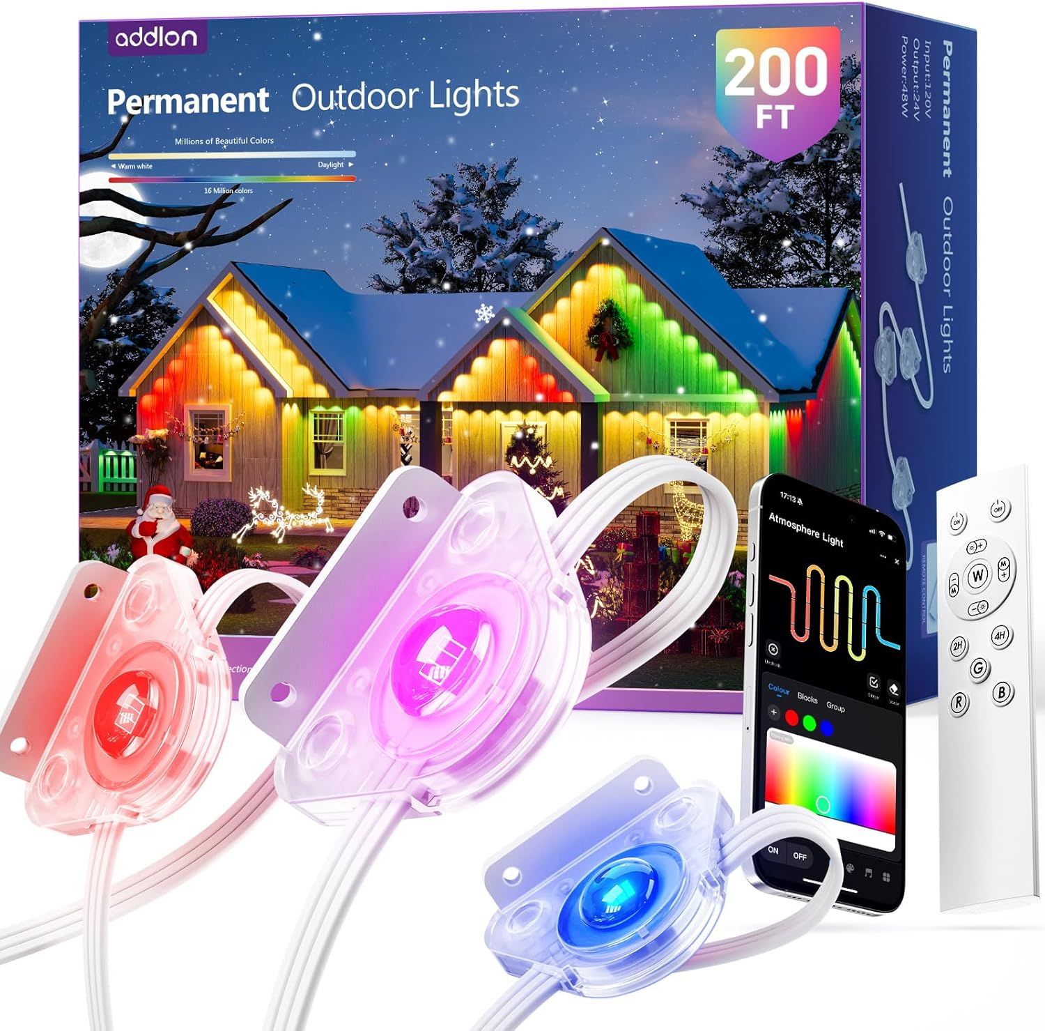 Shows the core product—permanent outdoor lights with individual light nodes, remote control, and smartphone app—to communicate the complete system the buyer will receive. Displays the retail…