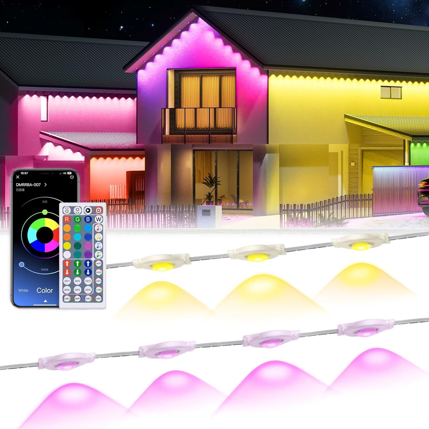 Shows the core product—LED strip lights—in action, demonstrating their ability to produce multiple vibrant colors and their application for home exterior and architectural lighting. Demonstrates the…
