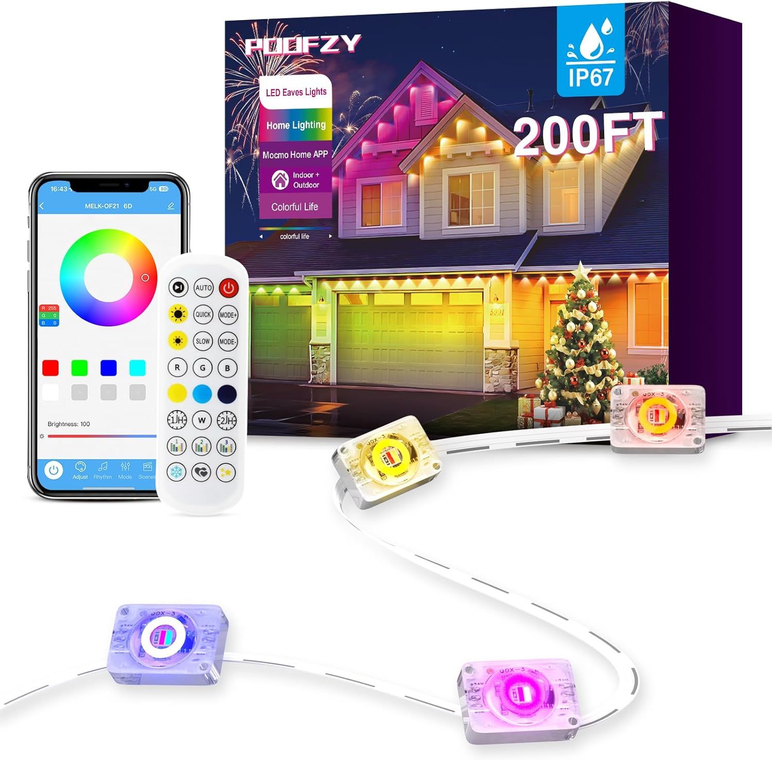 Displays the complete LED eaves lights system including the light modules, smartphone app interface, remote control, and retail packaging to show shoppers exactly what they will receive and how the…