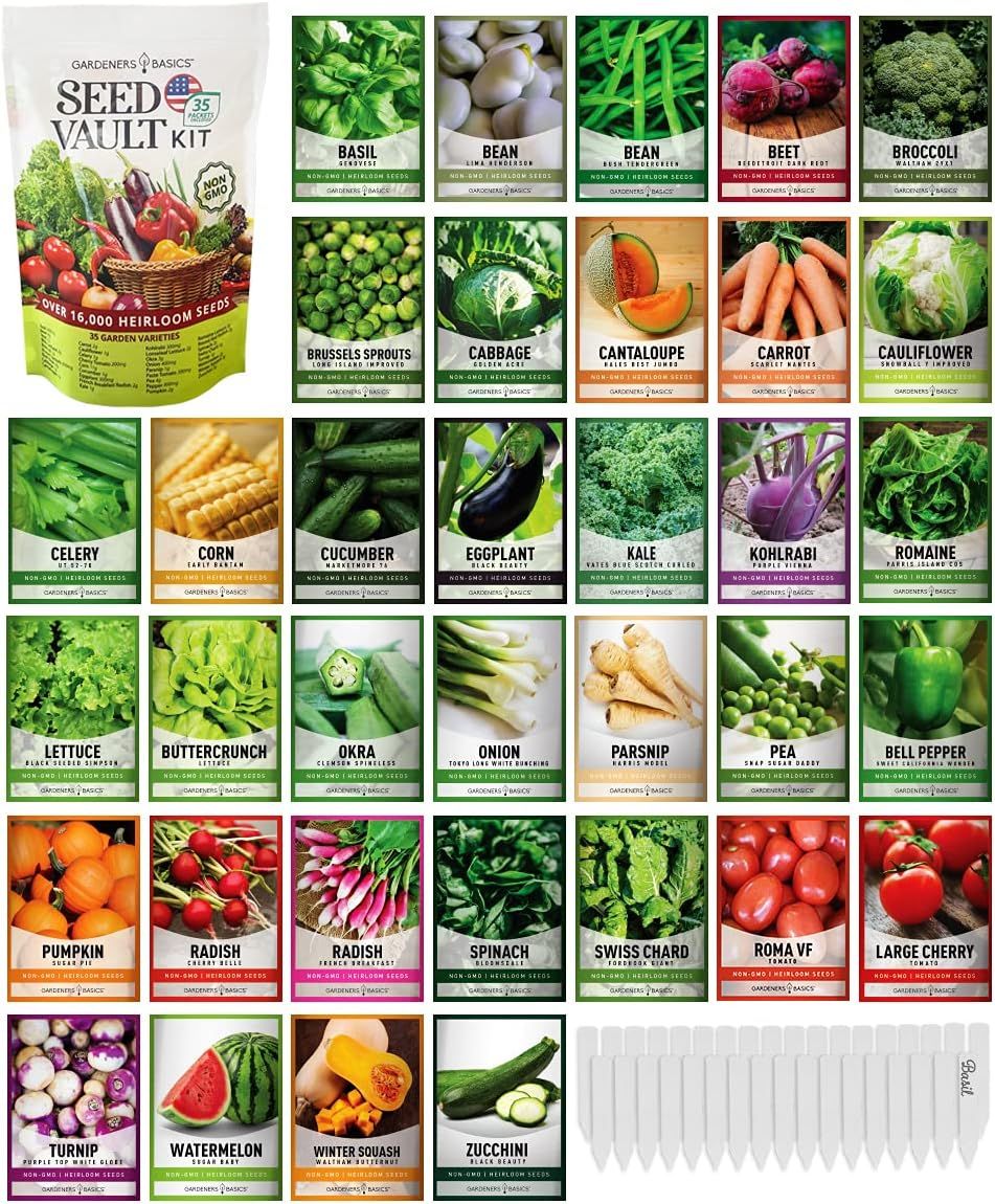 Displays the complete seed vault kit with its packaging and all 35 individual seed packet varieties to show shoppers exactly what is included in the purchase and communicate the comprehensive…