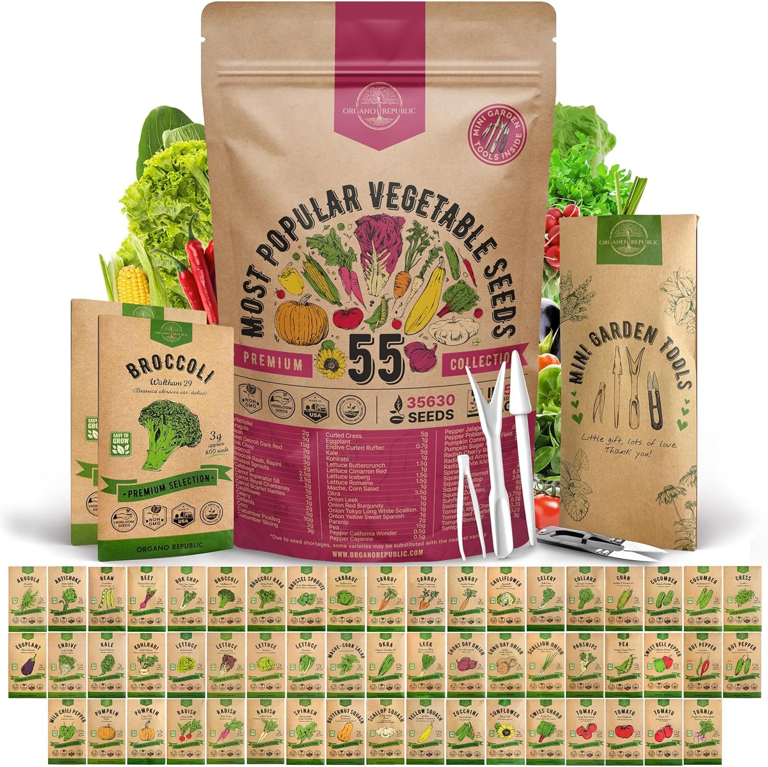 Displays the complete seed collection product with its packaging and contents to show shoppers exactly what they will receive, including the main 55-seed variety pack, individual seed packets,…
