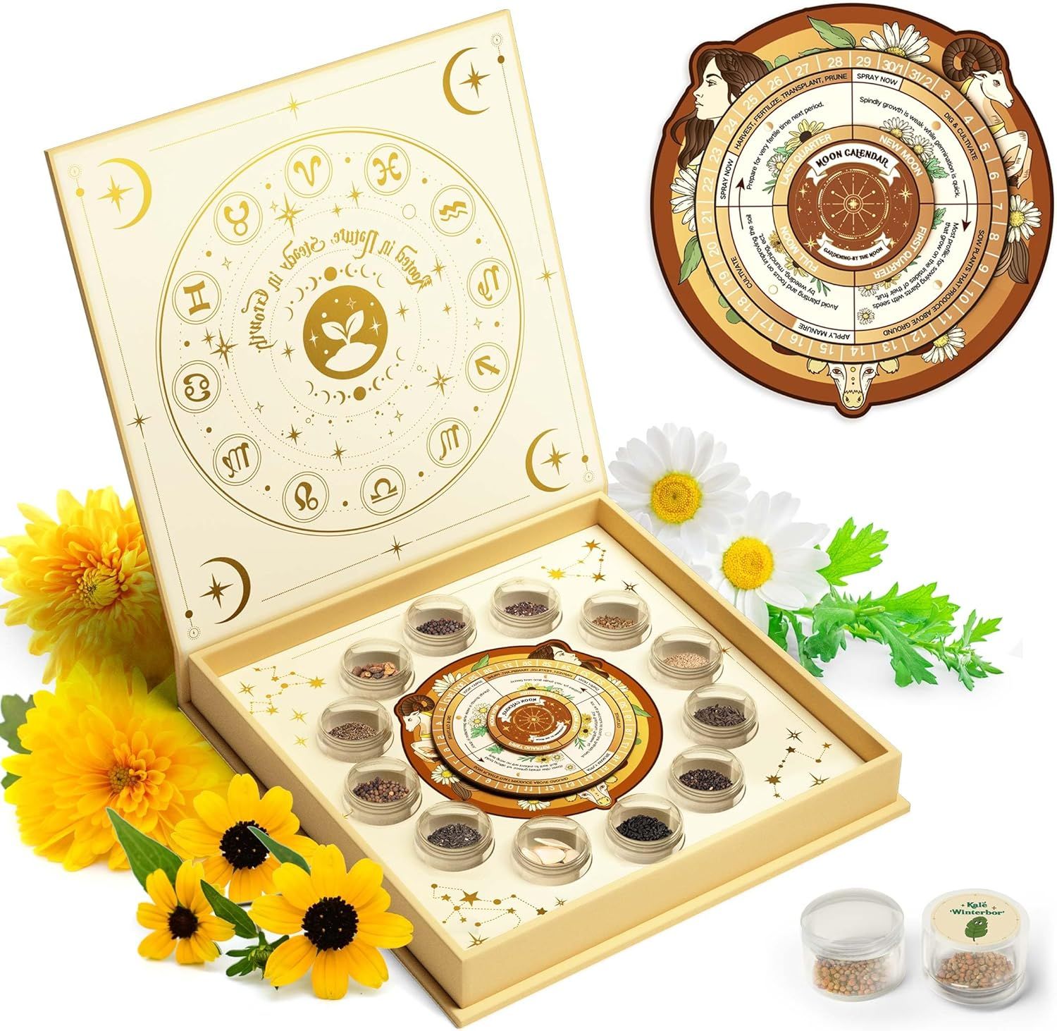 Shows the complete product set including the decorative box with zodiac symbols, the moon calendar wheel, and all included seed containers to communicate the full contents and celestial/gardening…