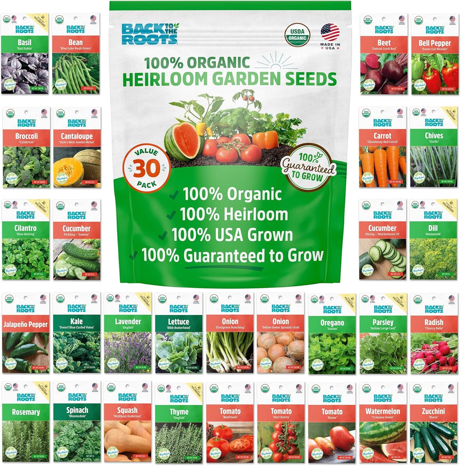 Displays the complete 30-pack seed collection with all varieties visible, showing shoppers exactly what seeds are included in the value pack and emphasizing the organic, heirloom, USA-grown quality.…