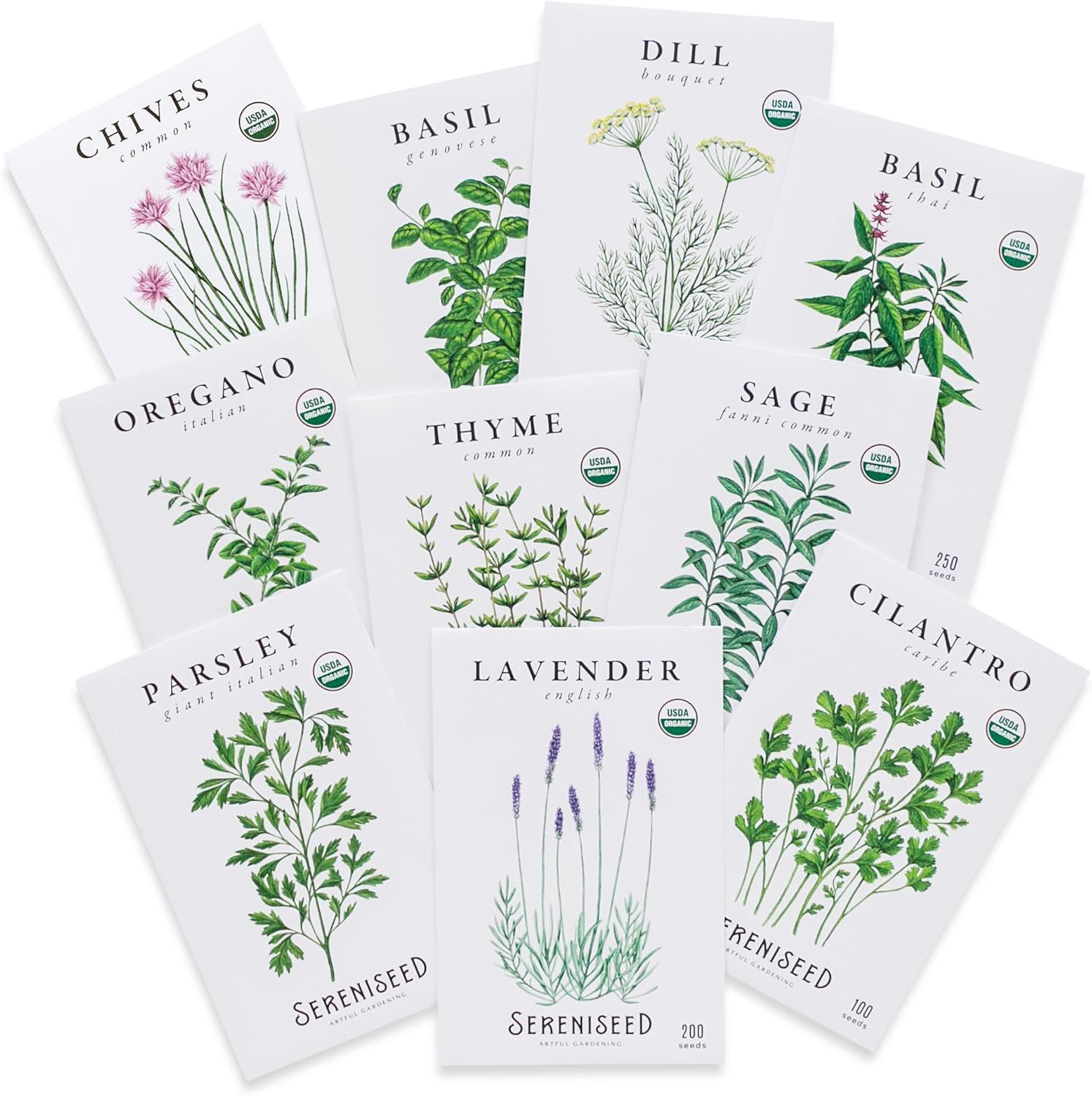 Displays the complete set of herb seed packets available for purchase, showing the variety of herbs included and their elegant botanical packaging design. Shows the different herb varieties…
