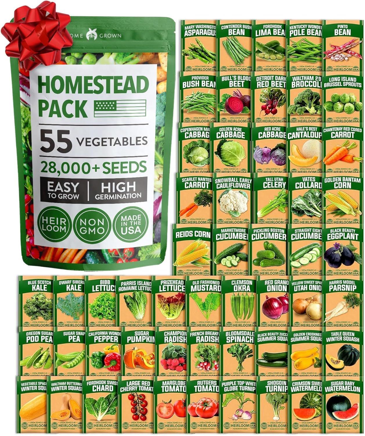 Shows the complete seed collection package with all 55 vegetable varieties clearly displayed to communicate the comprehensive variety and quantity of seeds included in the homestead pack. The…
