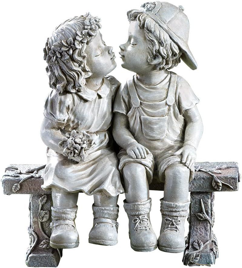 Displays the core product, a decorative statue of two children sitting on a bench, clearly showing the detailed craftsmanship and design to help shoppers visualize it as a garden or home decor piece.