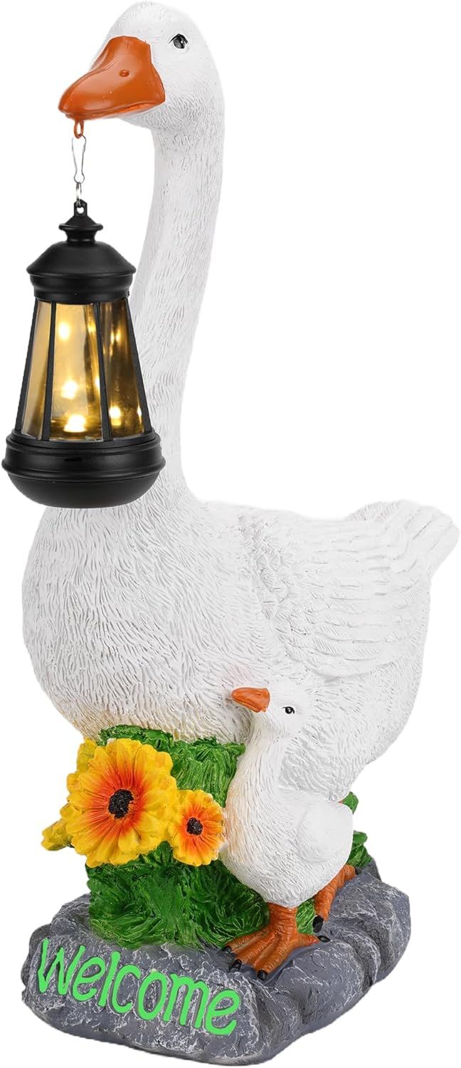 Shows the complete decorative goose statue with illuminated lantern feature to communicate its ornamental and functional lighting purpose for outdoor or garden display. Demonstrates the product's…