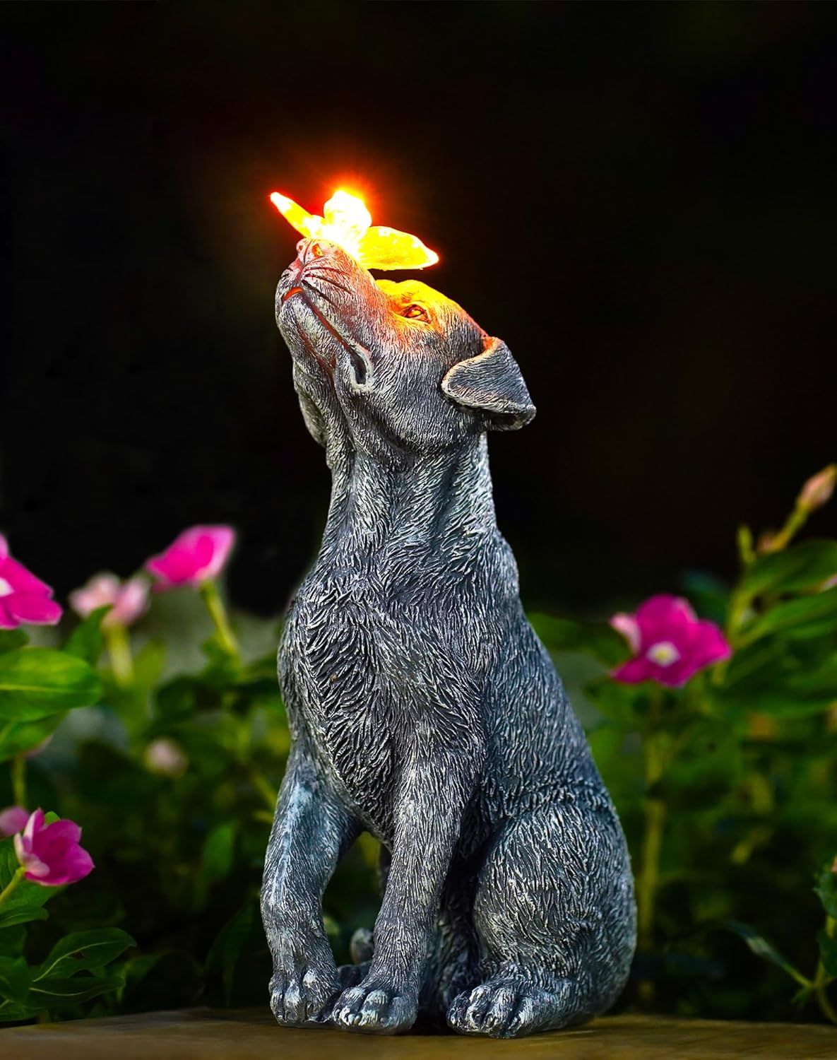Shows the core product, a decorative dog statue with illuminated flower feature, clearly displayed to communicate its ornamental design and lighting capability. Demonstrates the product's key…