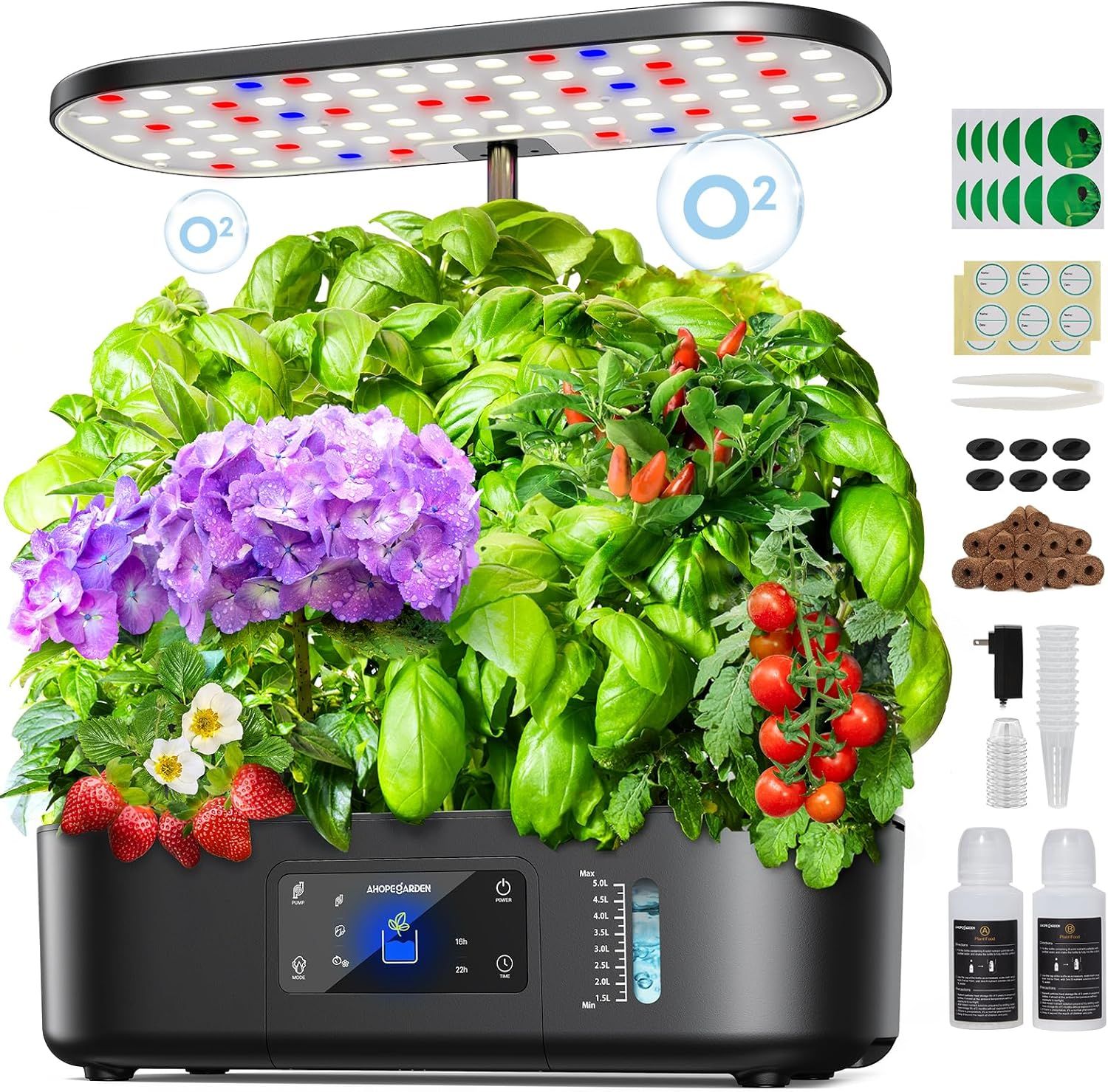 Shows the complete hydroponic garden system with LED grow light, control panel, and lush plants to demonstrate what the buyer receives and the results they can achieve. Displays all included…