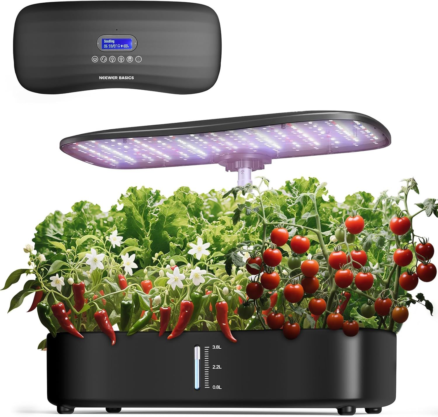 Demonstrates the product actively growing plants (tomatoes, peppers, herbs) under the LED light panel, showing shoppers how the hydroponic system works and what results they can achieve. Shows all…