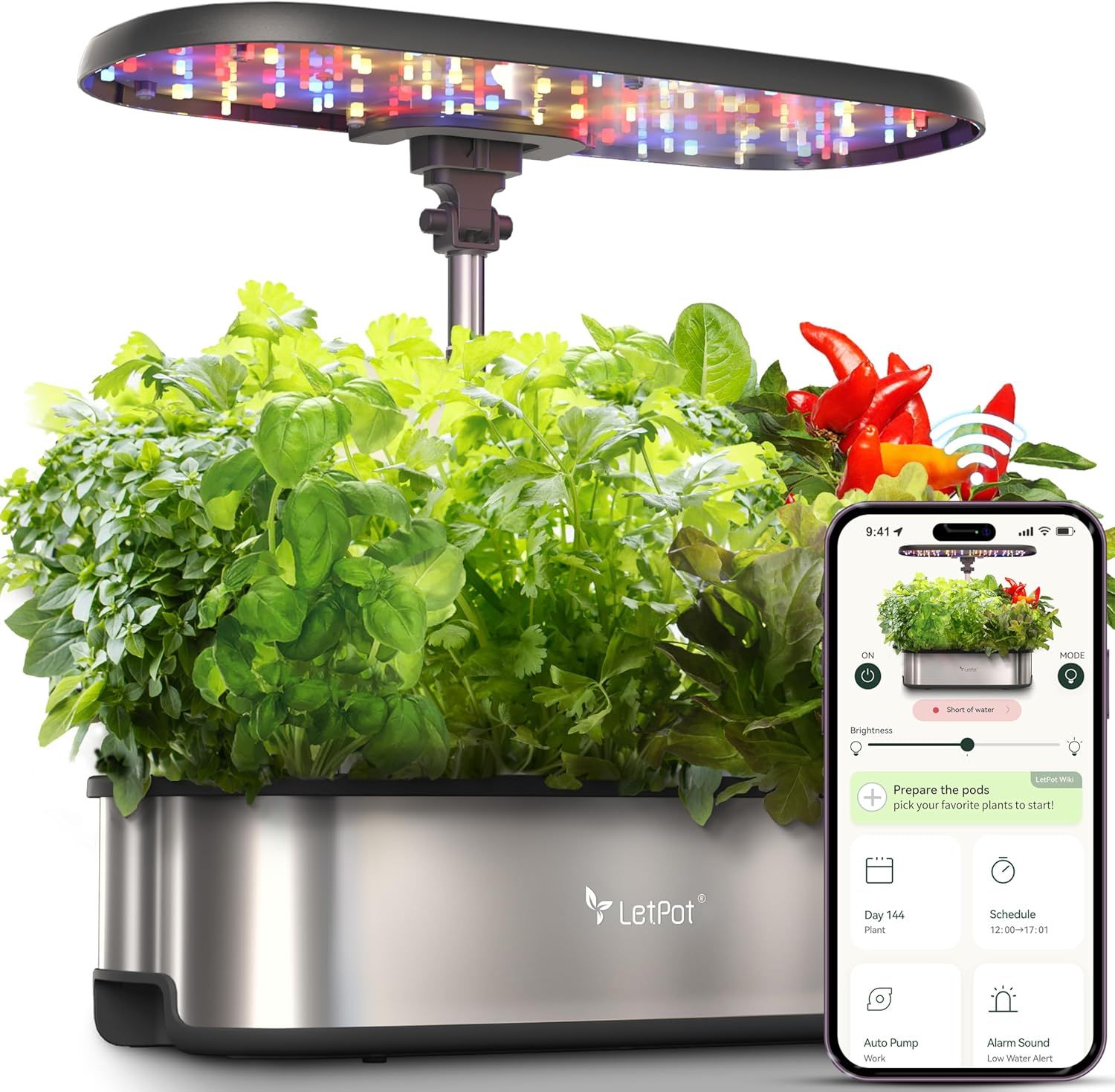Shows the complete indoor garden system with thriving plants to demonstrate what the product looks like and what results shoppers can achieve. Demonstrates the product actively growing healthy…