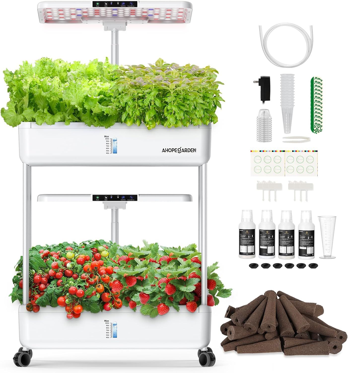 Shows the complete hydroponic garden system with all included components, demonstrating what the buyer receives and how the system looks when set up with plants growing. Displays all the included…