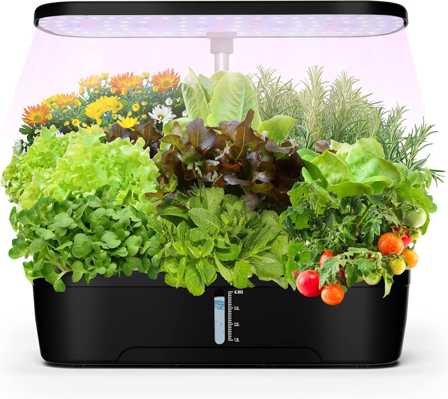 Shows the complete hydroponic garden system with thriving plants to demonstrate what the product looks like when in use and the variety of plants it can grow. Demonstrates the product actively…