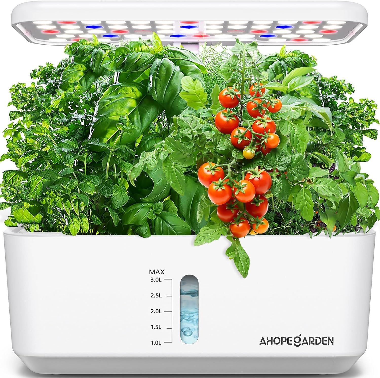 Demonstrates the product actively growing fresh herbs and tomatoes indoors, showing shoppers how the hydroponic system works with its integrated LED light and water reservoir to produce real…