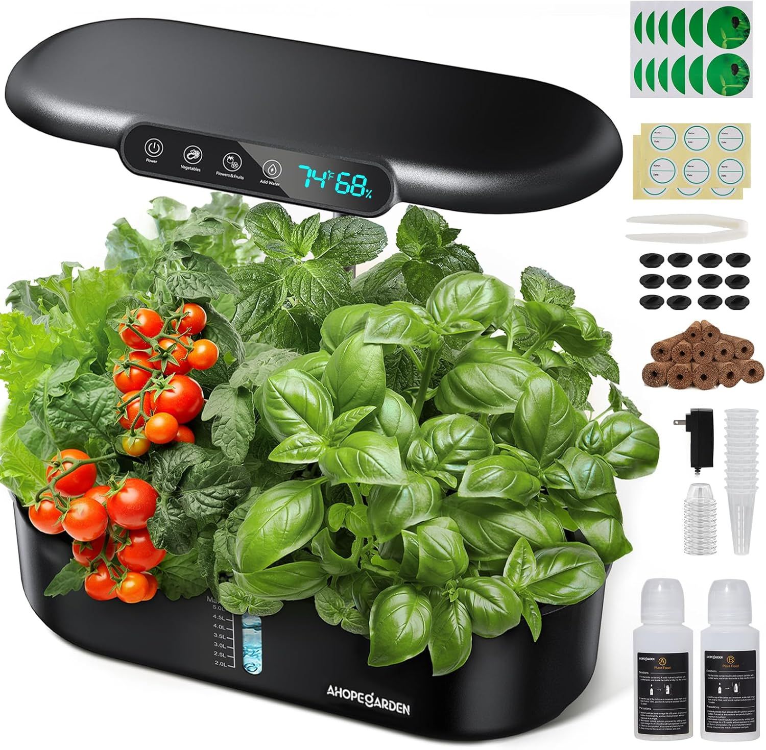 Shows the core product—an indoor hydroponic garden system with LED grow light—fully assembled and growing fresh herbs and tomatoes, demonstrating what the buyer receives and what it looks like in…