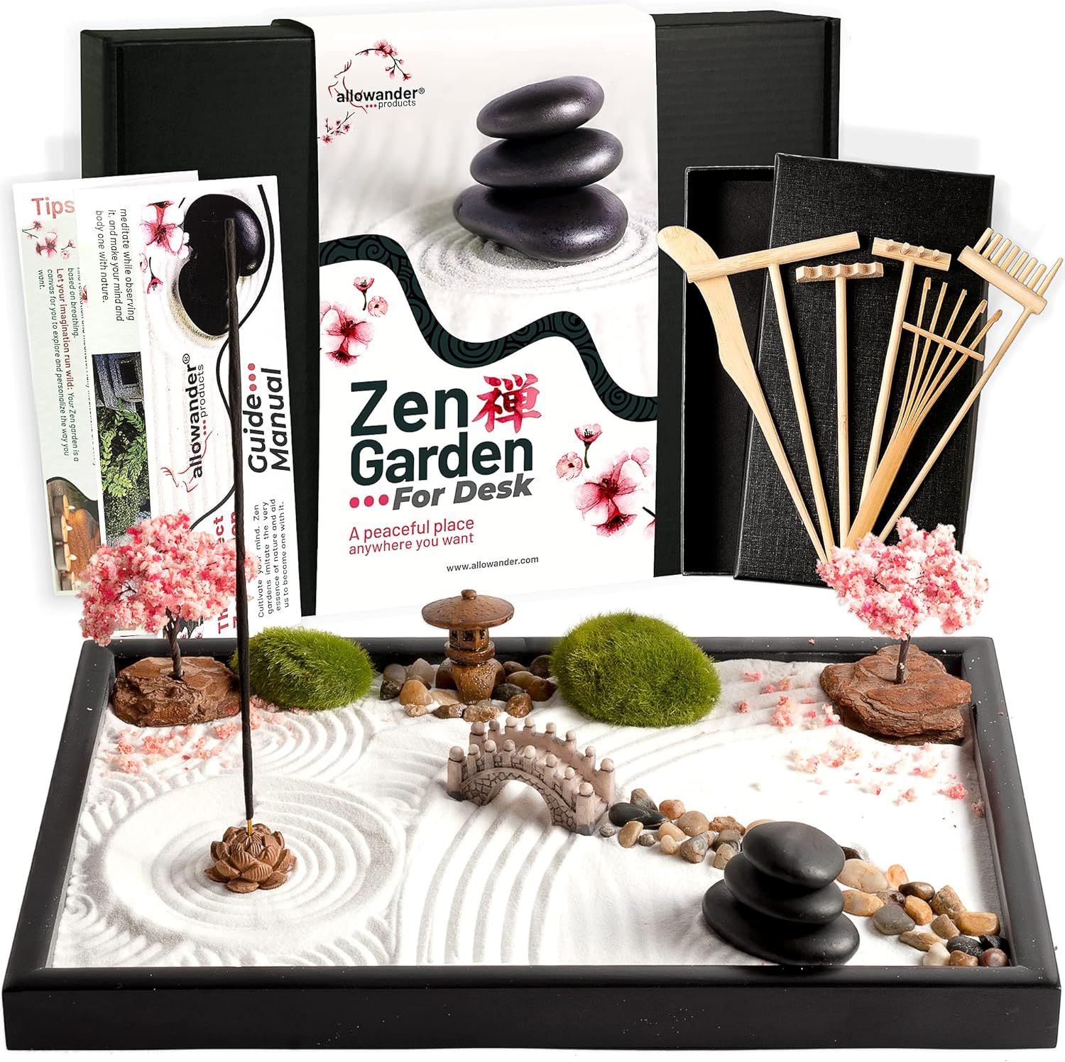 Displays the complete Zen Garden desk kit with all included components (sand tray, stones, miniature trees, bridge, rake tools, and packaging) to show shoppers exactly what they will receive and how…