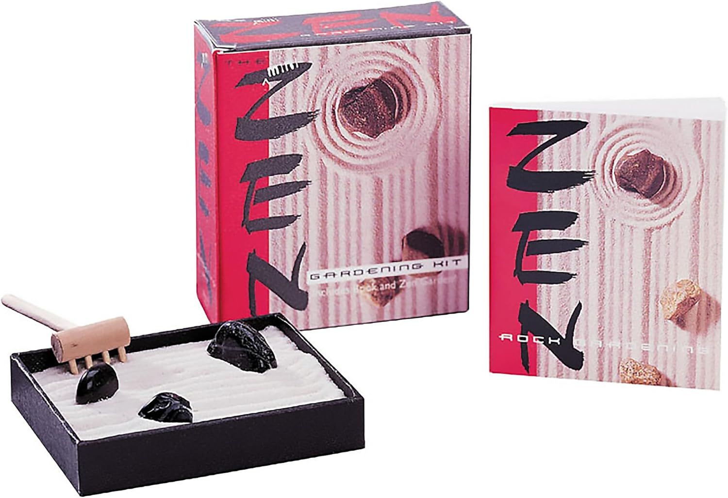 Shows the complete zen gardening kit with all included components (sand tray, rake, decorative rocks) to communicate what the buyer receives and how the product looks assembled. Displays the retail…