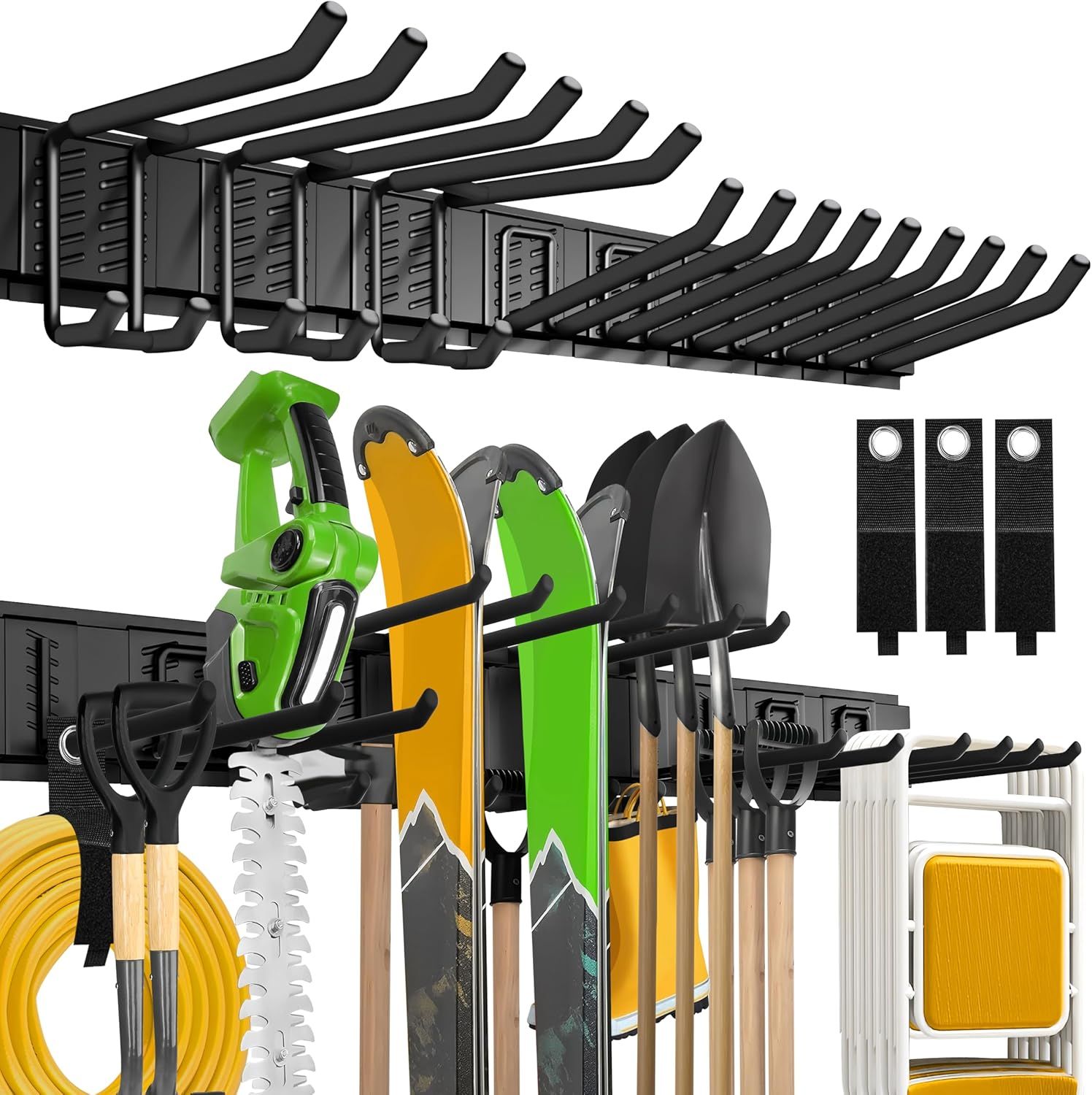 Displays the core product—a wall-mounted garage storage system with multiple hooks and racks—to show shoppers exactly what they are purchasing and how it organizes various tools and equipment.…