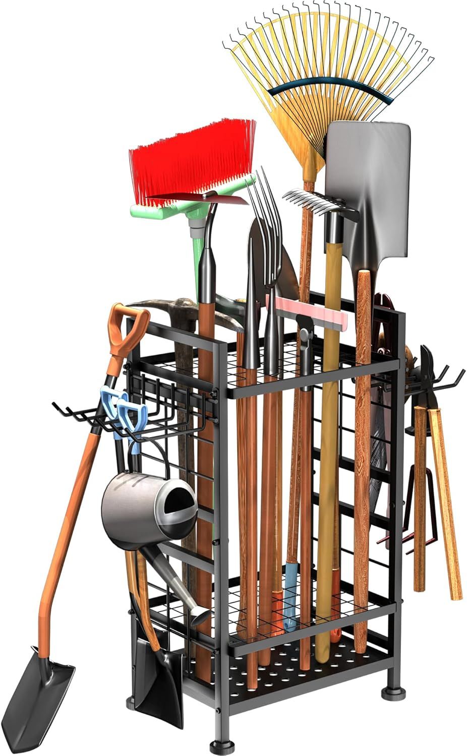 Shows the core product, a multi-tier storage rack designed to organize and hold various garden and yard tools, demonstrating its capacity and organizational functionality. Demonstrates how the rack…