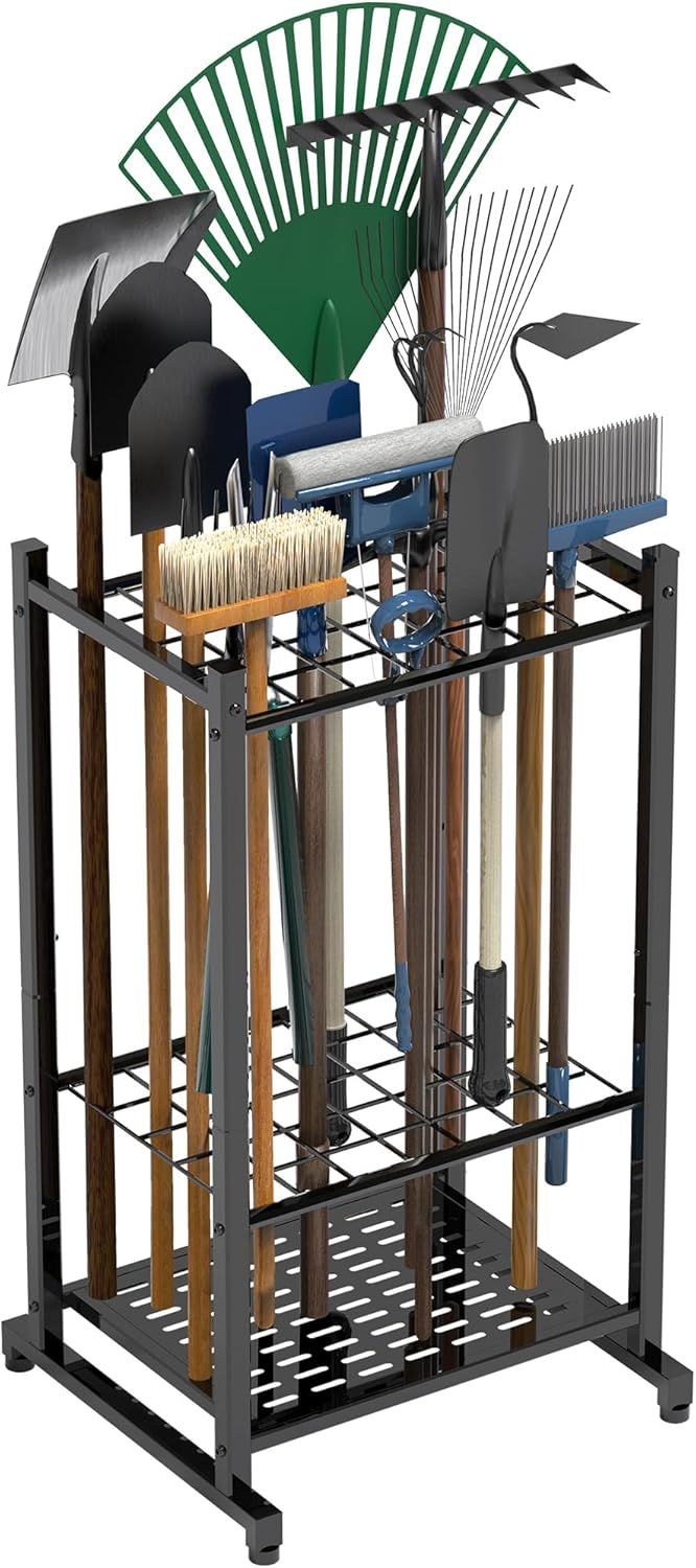 Displays the core product, a multi-tier garden tool storage rack, clearly showing its structure and capacity to hold various long-handled tools and equipment in an organized manner.