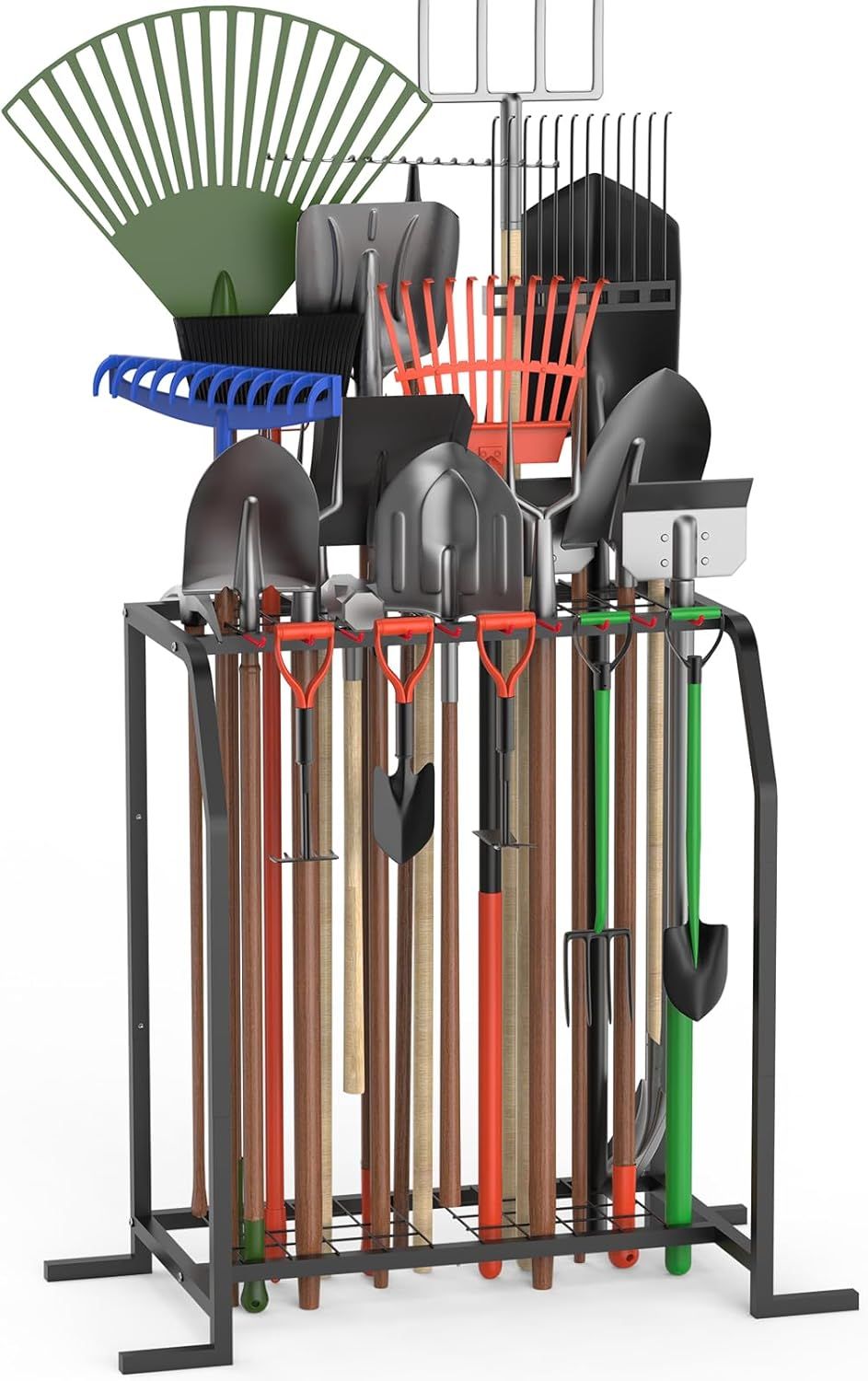 Shows the core product, a freestanding garden tool storage rack, fully loaded with various gardening tools to demonstrate its capacity and organizational functionality.
