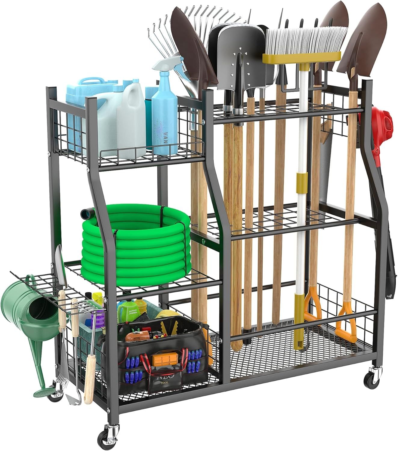 Displays the complete garden tool storage rack system with all its organizational features to show shoppers exactly what they will receive and how it can organize their gardening equipment. Shows…