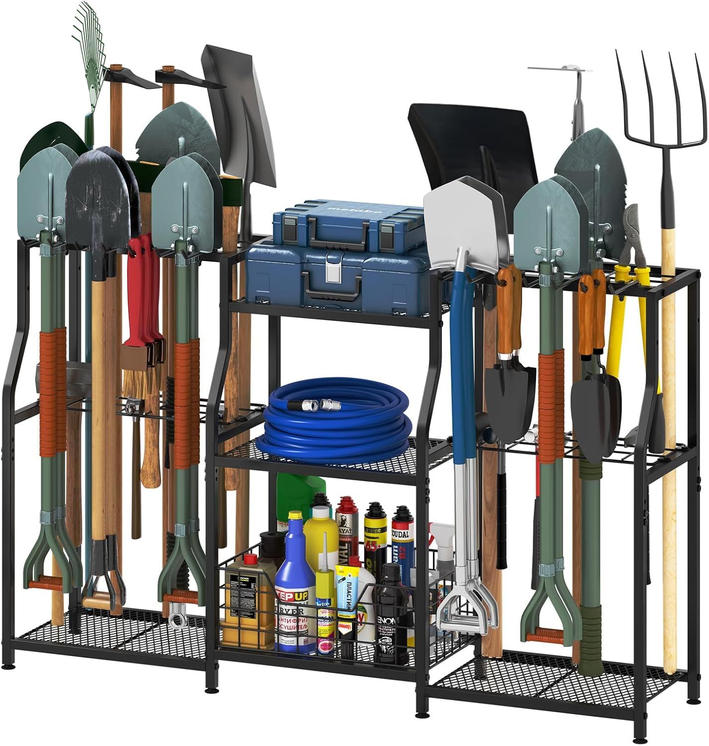 Shows the core product—a multi-tier storage rack—fully assembled and loaded with garden tools, equipment, and supplies to demonstrate its capacity and organizational functionality. Displays the…