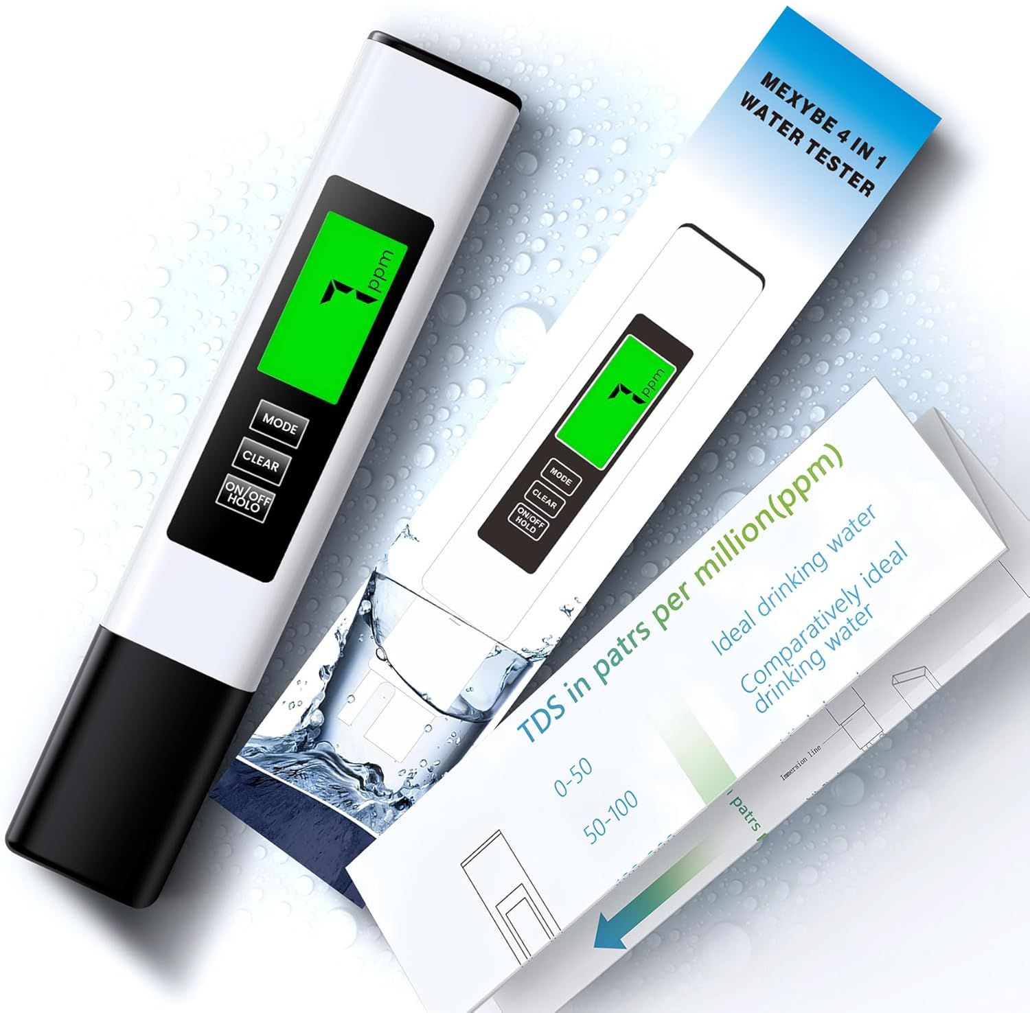 Shows the core product, a digital water testing device with LCD display, alongside its retail packaging to communicate what the buyer will receive and the product's professional testing…