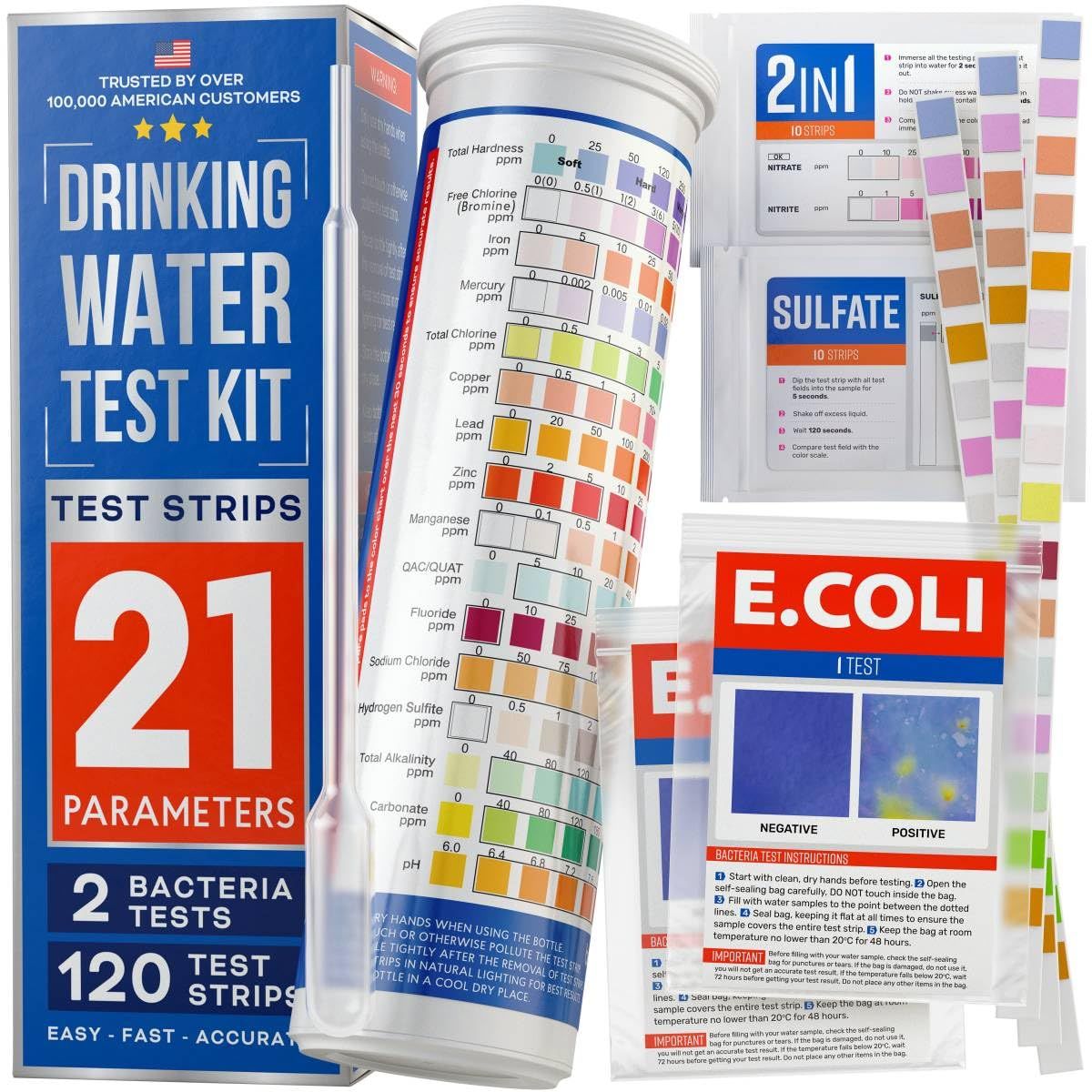 Displays the complete drinking water test kit including the packaging box and test strips to show shoppers exactly what they will receive and communicate the comprehensive testing capabilities.…