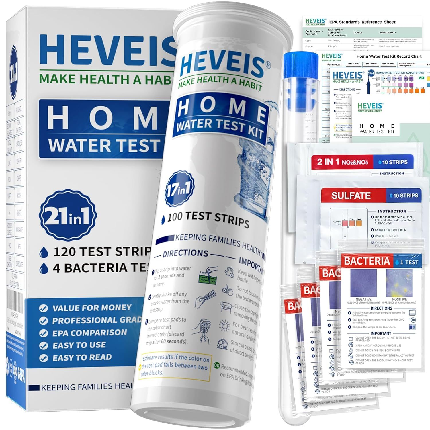 Displays the complete home water testing kit including the bottle of test strips and instruction cards to show shoppers exactly what they will receive and communicate the comprehensive testing…