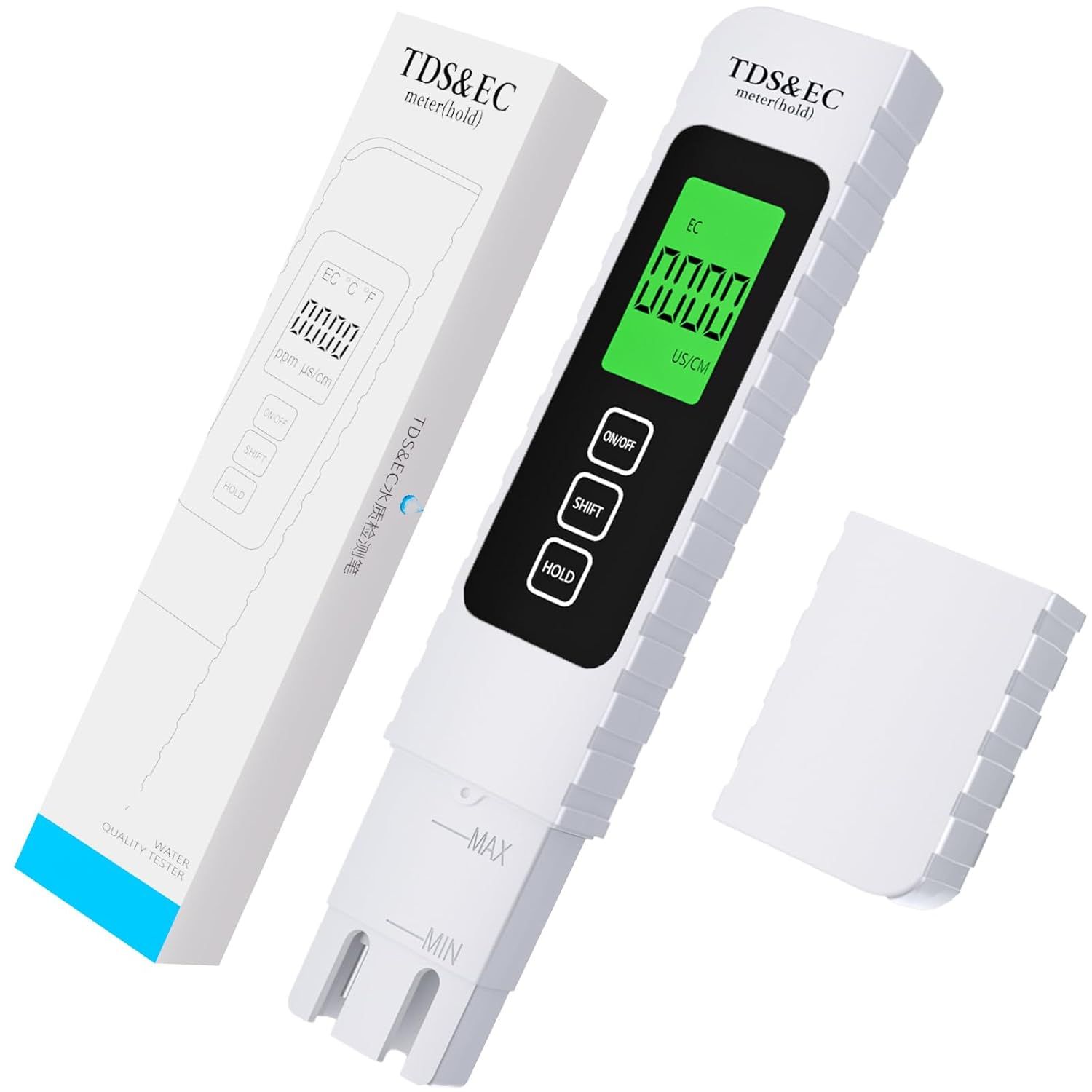 Shows the core product, a TDS and EC water quality meter with digital display, alongside its retail packaging to communicate what the buyer will receive. Displays the retail packaging box with…