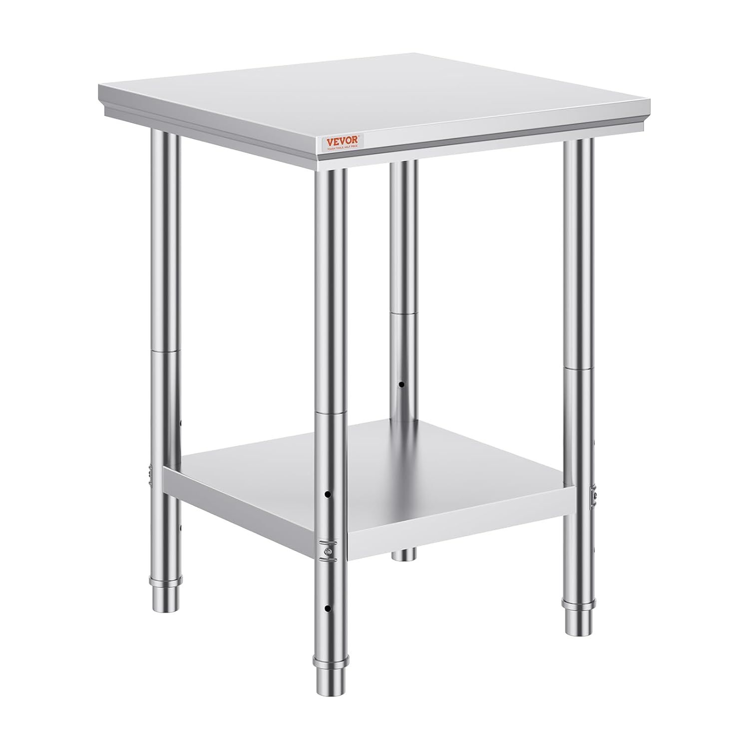 Displays the core product clearly on a white background to show the stainless steel construction, two-tier design, and adjustable legs, helping shoppers understand the table's structure and storage…