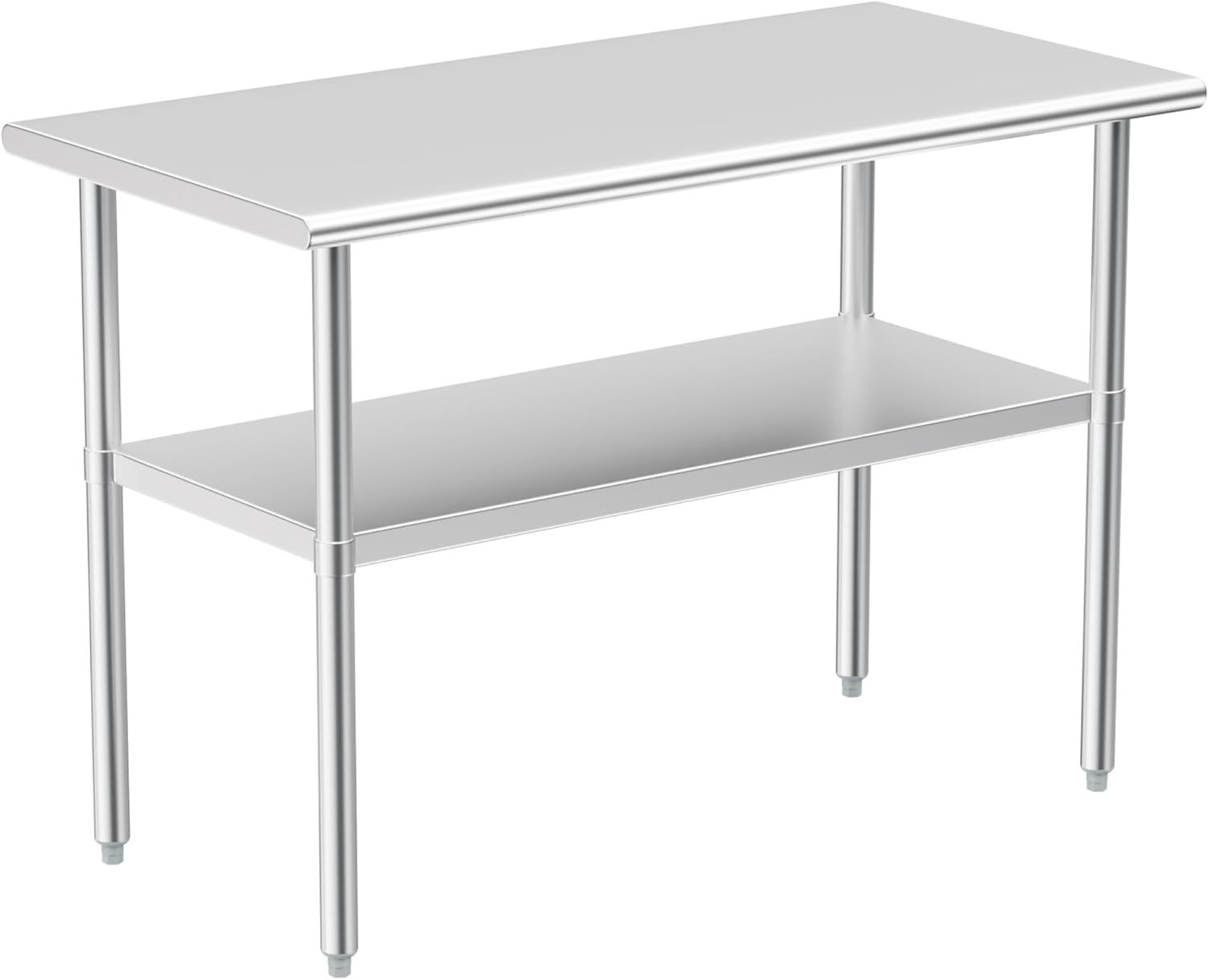 Displays the core product clearly on a white background to show the stainless steel construction, two-tier design, and adjustable feet for commercial or home kitchen use.