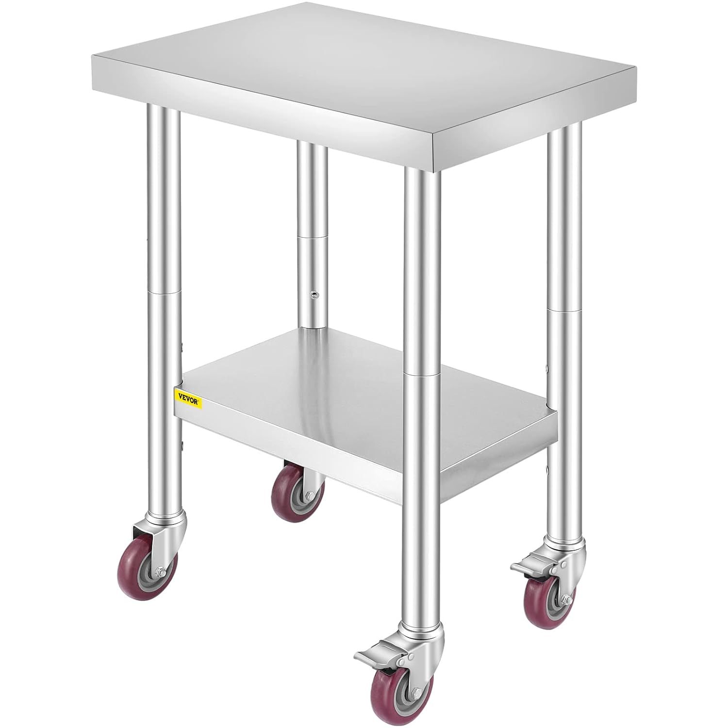 Displays the core product clearly on a white background to show its construction, materials, and design features including the two-tier shelving and mobility casters.