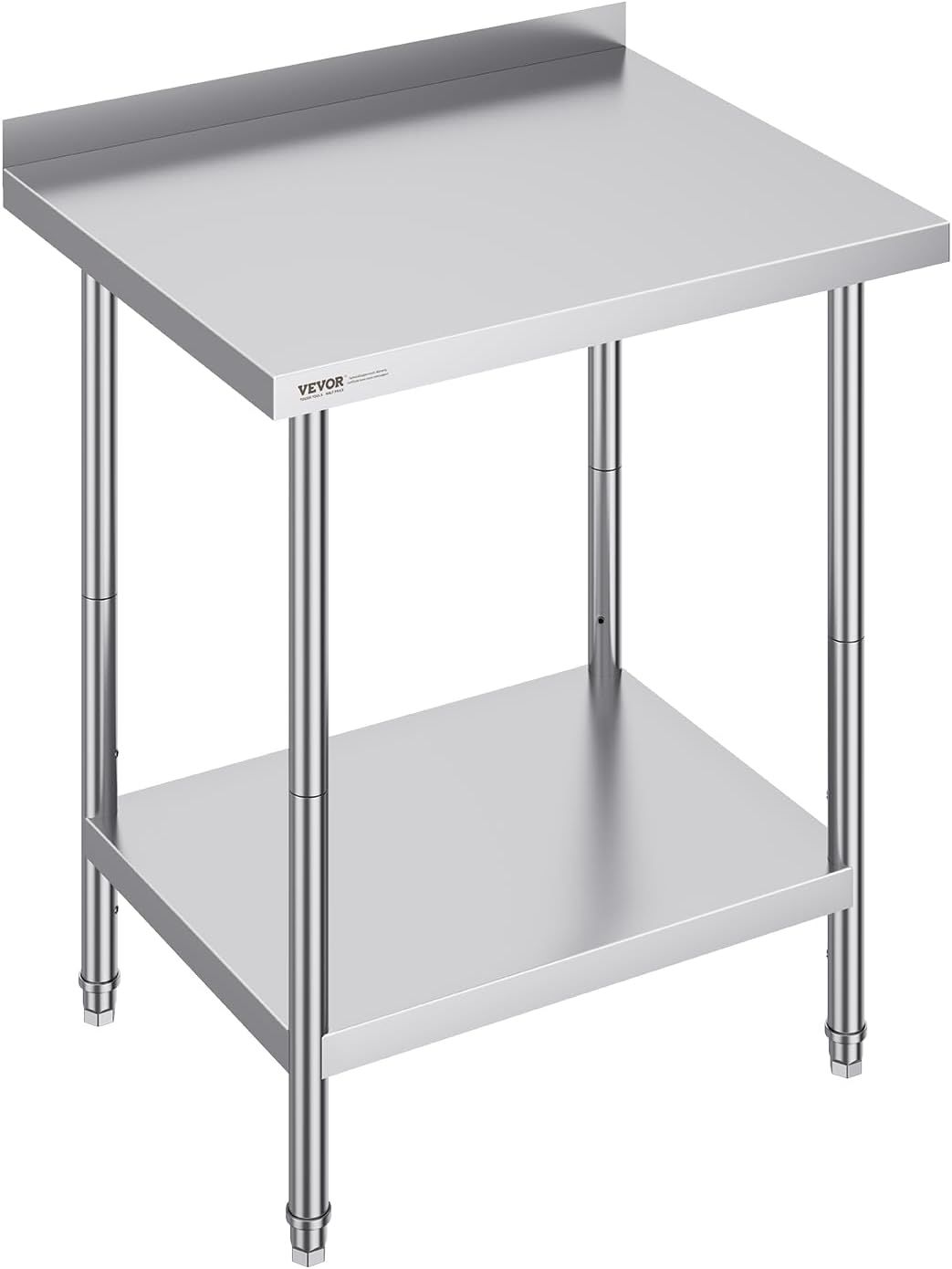 Displays the core product clearly in a catalog-style presentation to show the stainless steel work table's construction, two-tier design, and backsplash feature for commercial or home kitchen use.