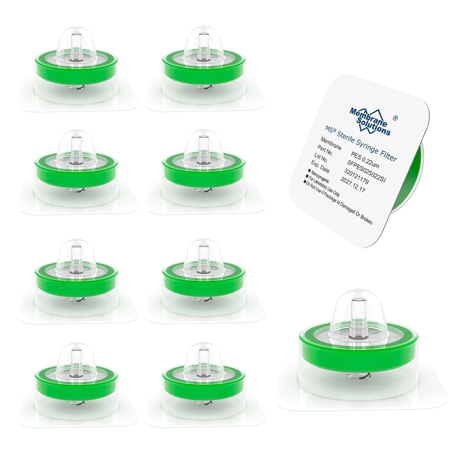 Shows the core product—multiple sterile membrane syringe filters—clearly displayed to communicate what the buyer receives in the purchase. Displays the retail packaging label with brand name,…