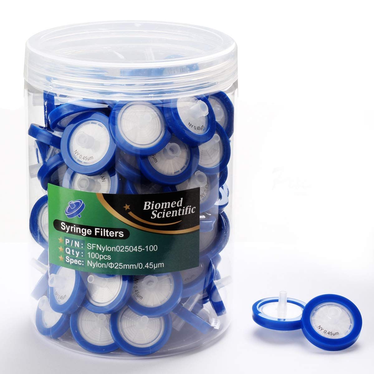 Shows the core product—syringe filters in a clear container—to communicate what the buyer receives and the quantity included (100 pieces). Displays the retail packaging with a clear container and…