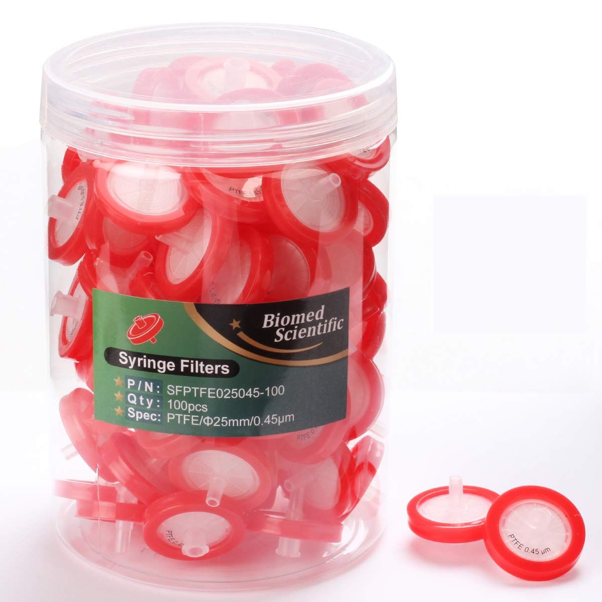 Shows the core product—a container of 100 syringe filters—clearly displayed to communicate what the buyer will receive. Displays the retail packaging with product label showing brand,…