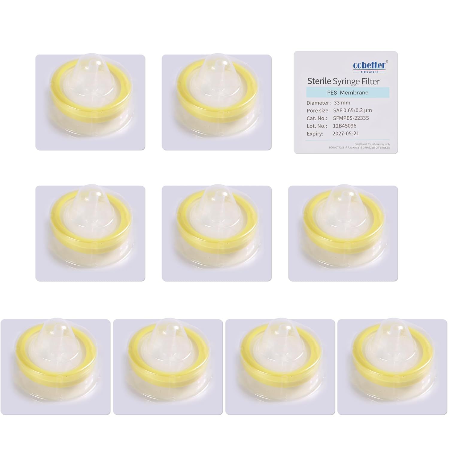Displays multiple units of the sterile syringe filter product to show the buyer what they will receive, emphasizing the quantity and consistency of the medical/laboratory filtration product. Shows…