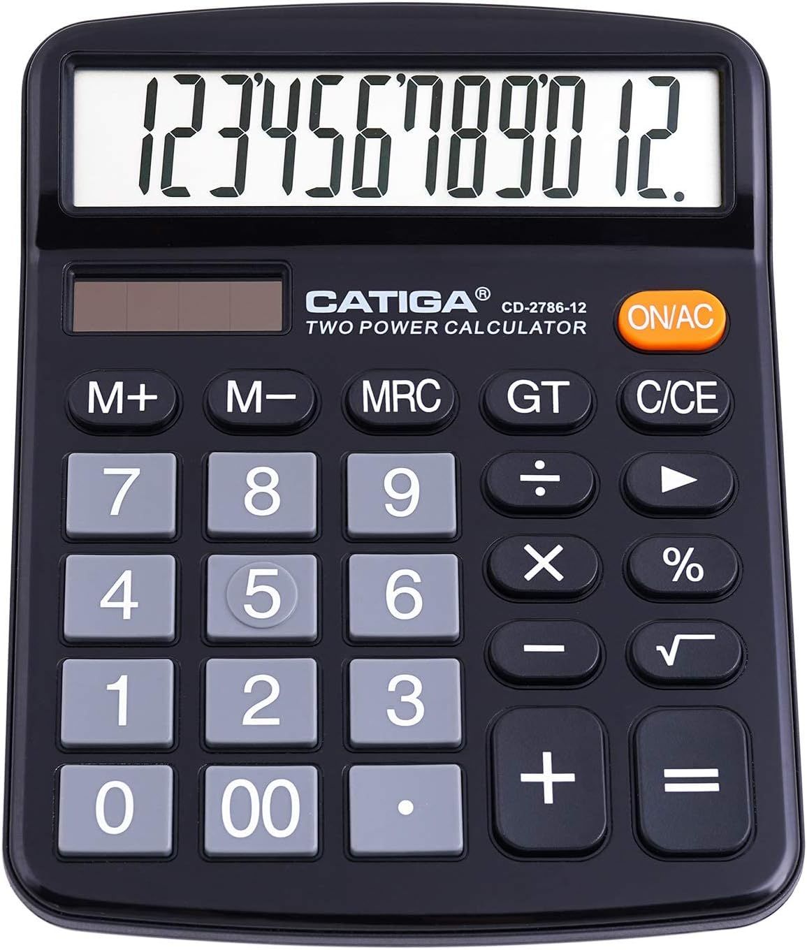 Shows the calculator product clearly with its key features visible including the large 12-digit display, dual power capability, and easy-to-read button layout to help shoppers understand what they…