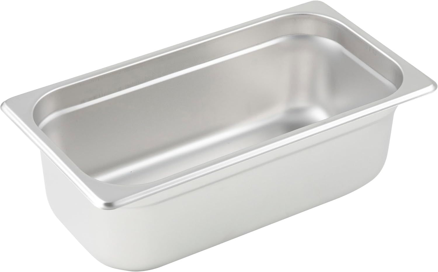 Displays the core product clearly on a white background to show the stainless steel construction, rectangular shape, and depth of the food pan for commercial or home kitchen use.
