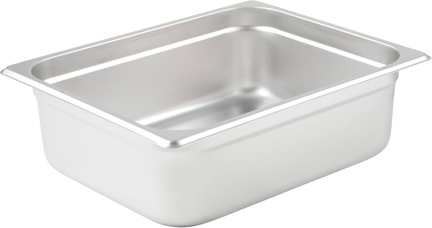 Displays the core product, a stainless steel food pan or container, in a clean catalog style to show its shape, material quality, and professional-grade construction.