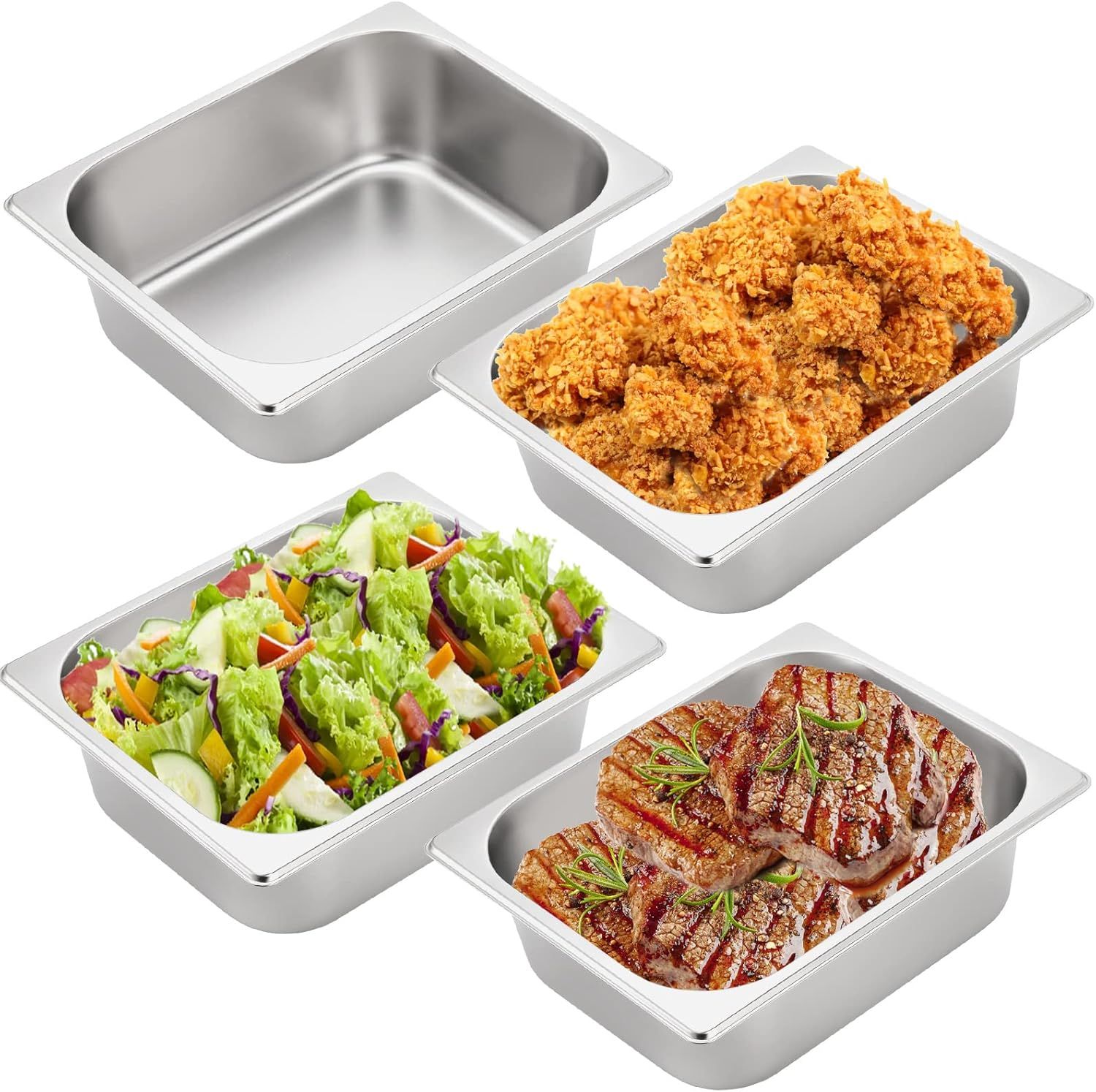 Shows the core product—a set of stainless steel food pans—clearly displayed with food to demonstrate their intended use in food service or catering applications. Demonstrates the product's function…
