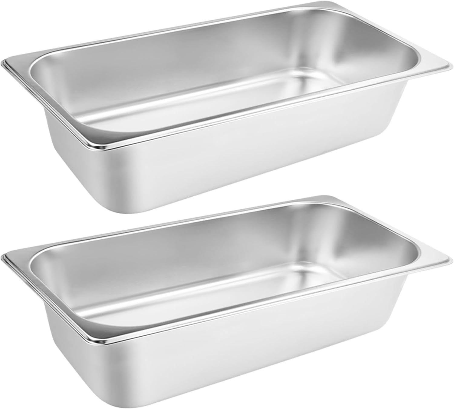 Displays the core product clearly on a white background, showing two identical stainless steel food pans to communicate what the buyer will receive.