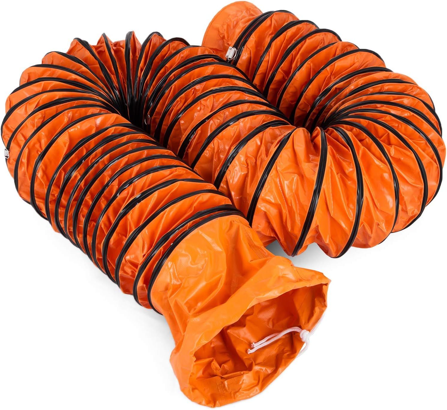 Shows the core product, a flexible orange ducting hose with black spiral reinforcement, demonstrating its collapsible accordion-style construction for ventilation or airflow applications.…