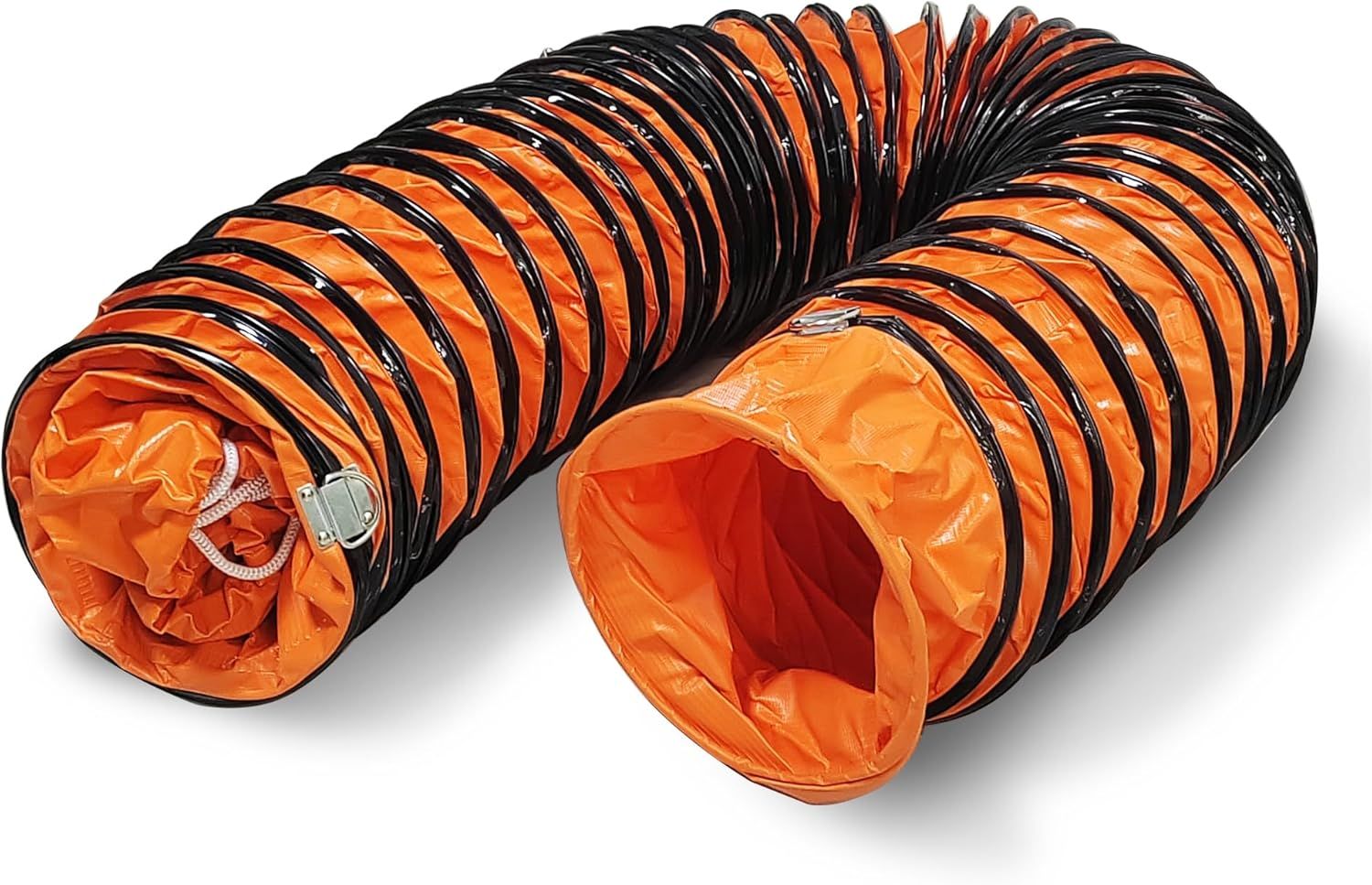 Shows the core product clearly on a white background to communicate what the buyer will receive - a flexible, collapsible ventilation duct with black and orange coloring. Demonstrates the product's…