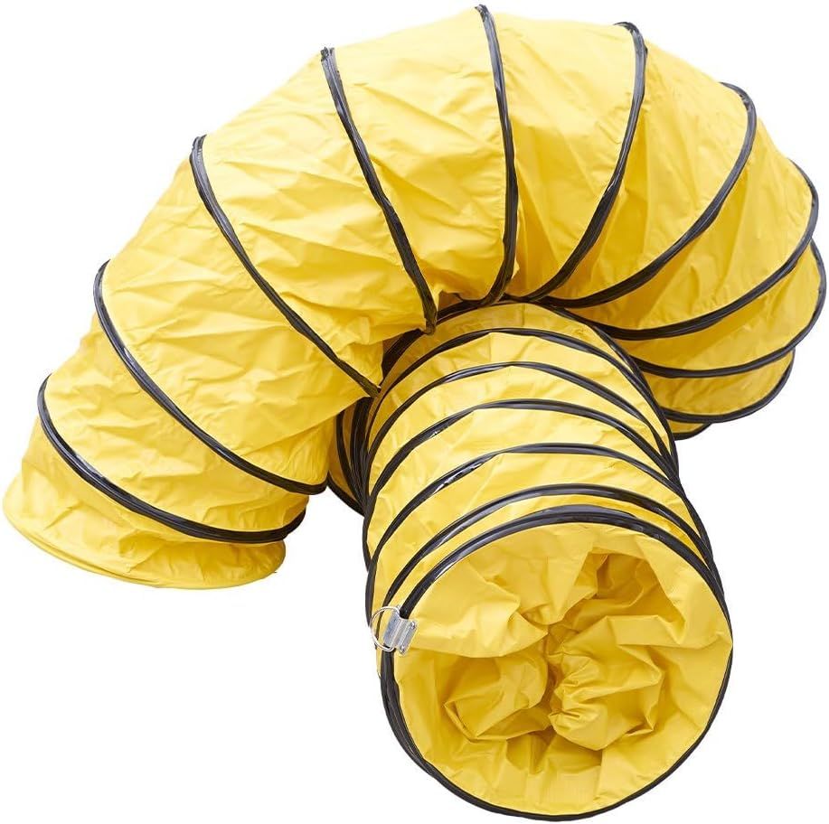 Shows the core product, a flexible yellow ventilation duct with black trim, demonstrating its bendable structure and construction to help shoppers understand what they are purchasing. Demonstrates…