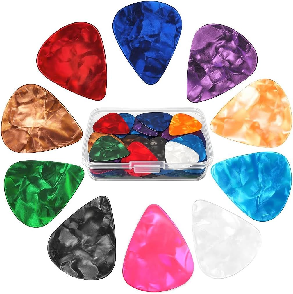 Displays the core product (guitar picks) in various colors to show the variety included in the set and the storage case they come in. Showcases the multiple color options available in the guitar…
