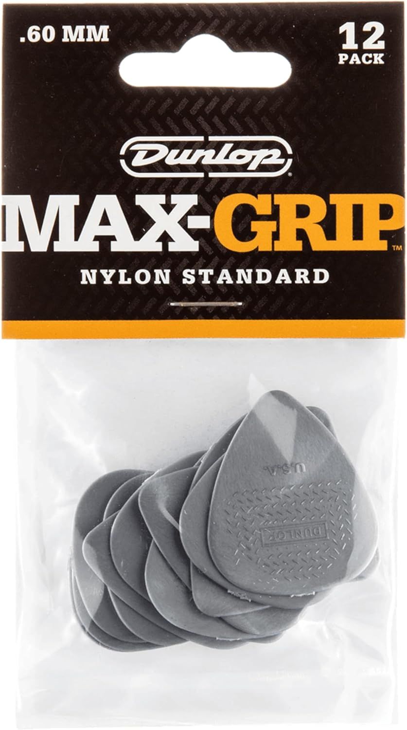Shows the core product—a 12-pack of Dunlop Max-Grip guitar picks—clearly visible in retail packaging so shoppers can see the quantity, brand, material, and thickness specifications. Displays the…