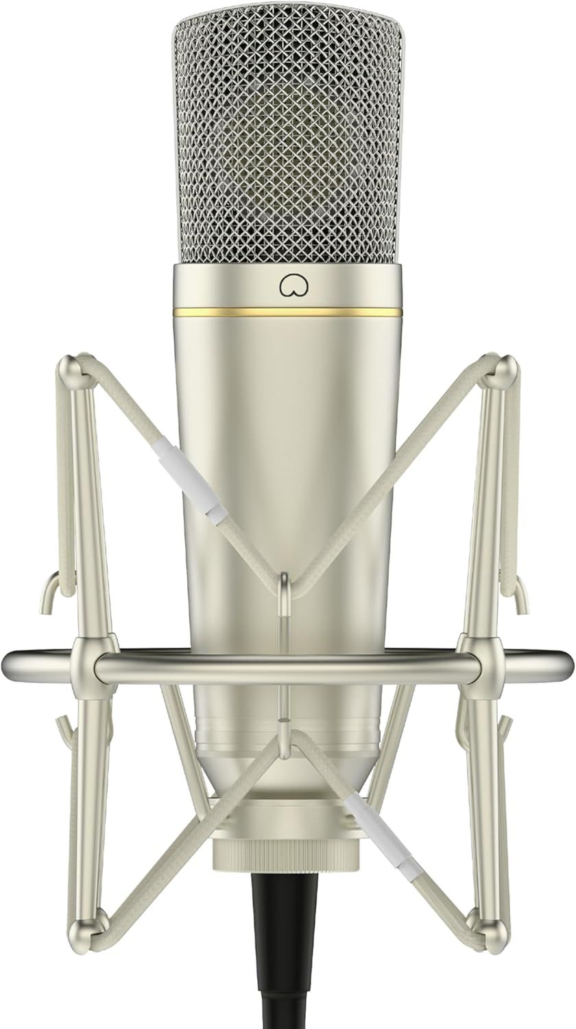 Displays the core product—a professional studio microphone with its shock mount—in a clean catalog presentation to show shoppers exactly what they will receive. Shows that the microphone comes with…
